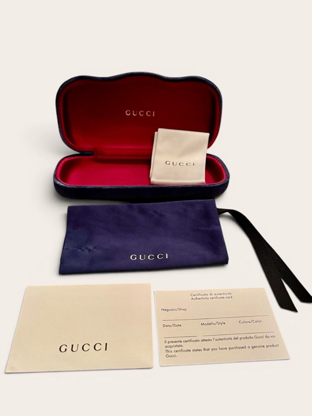 Gucci Navy Velvet Eyewear Case w/Red Lined Interior & Pouch, Linen, & COA Card